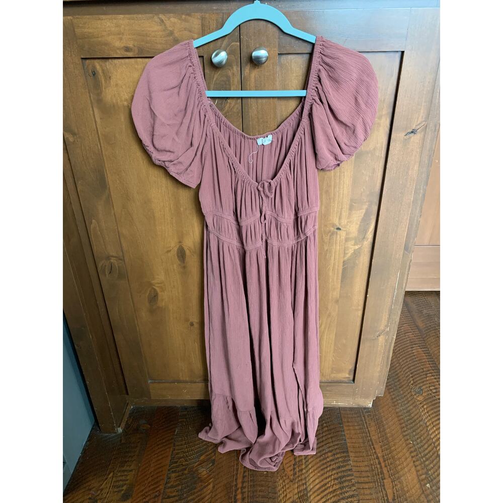 Blush Mauve Gauze Midi Dress Puff Sleeve Ruffle Hem Cottagecore Boho M